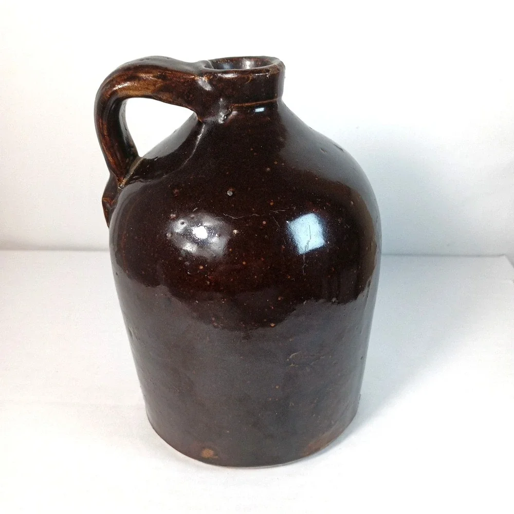 Antique Brown Stoneware Pottery Glazed Whiskey Milk Beehive Jug W/Handle 6.5x5